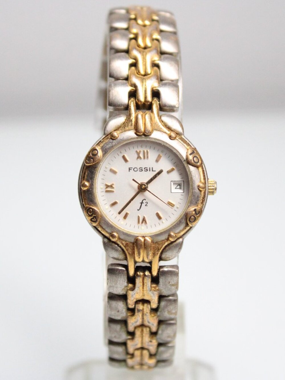 Fossil F2 Women's Quartz Watch Two Tone White Dial Date Metal Bracelet